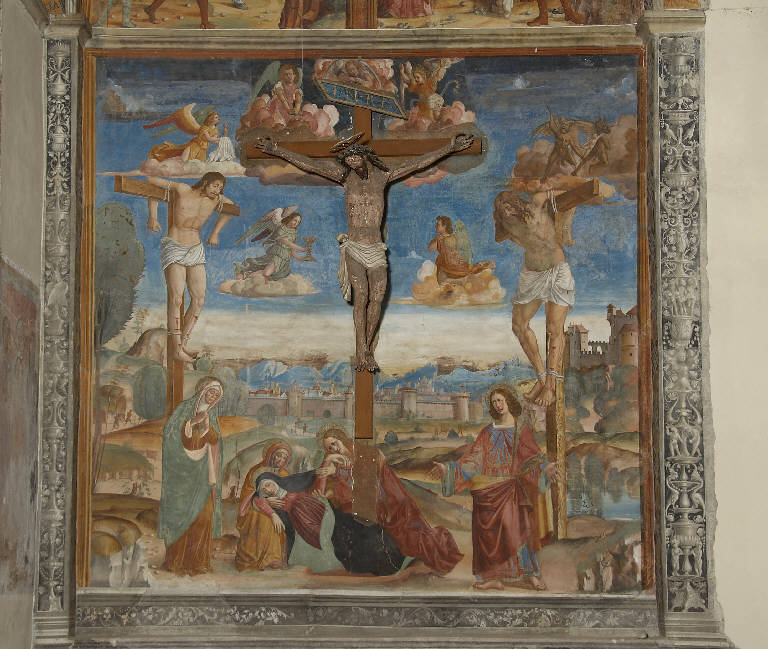 CROCIFISSIONE DI CRISTO CON LO SVENIMENTO DELLA MADONNA (dipinto murale) di De Donati, Alvise (e aiuti) (primo quarto sec. XVI)