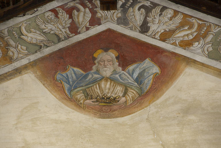DIO INCORONA LA MADONNA ASSUNTA (dipinto murale) di Malacrida, Battista detto Battista da Musso (attr.) (fine||prima metà sec. XV||sec. XX)