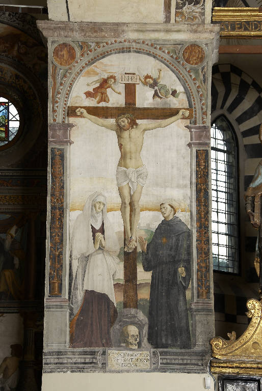 CROCIFISSIONE DI CRISTO CON LA MADONNA E SAN NICOLA DA TOLENTINO (dipinto murale) di De Donati, Bernardino (sec. XVI)