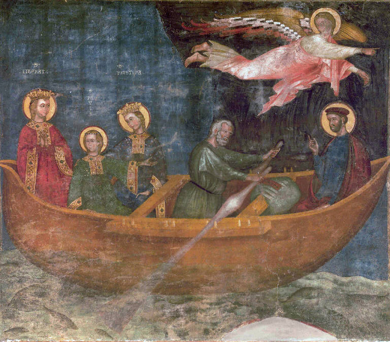 Viaggio delle Sante Liberata e Faustina (dipinto murale staccato) di Primo Maestro di Santa Margherita (primo quarto sec. XIV)