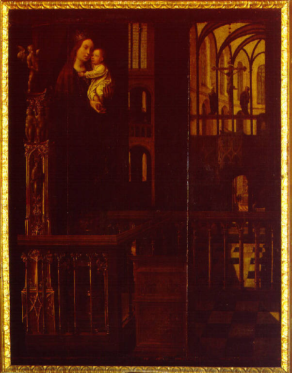 Madonna col Bambino su di un piedestallo entro la navata di una chiesa gotica, Madonna con Bambino (dipinto) di Provost, Jan (prima metà sec. XVI)