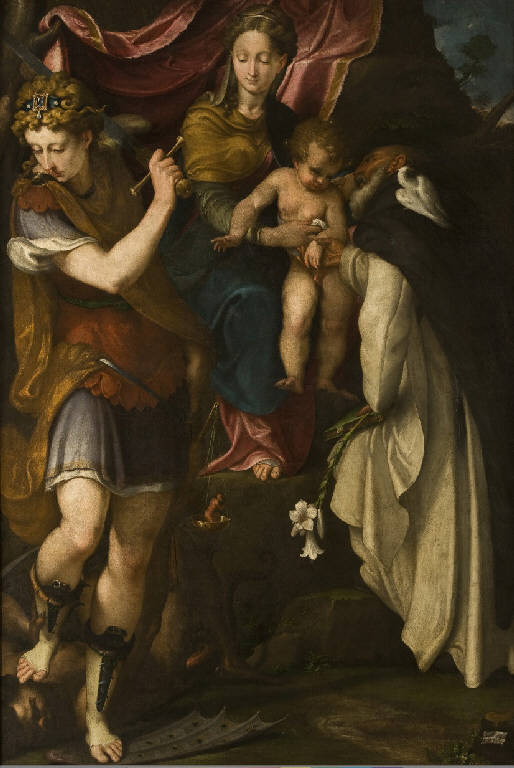 Madonna in trono col Bambino, san Michele e san Vincenzo Ferrer, Madonna con Bambino in trono e santi (dipinto) di Boccaccino, Camillo (metà sec. XVI)