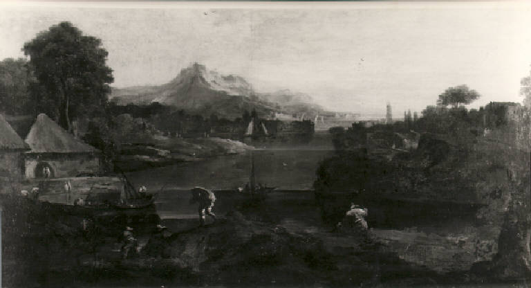 Paesaggio fluviale con barche e figure (dipinto) di Ricci Marco (cerchia) (prima metà sec. XVIII)