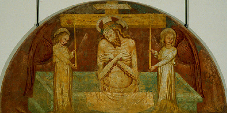 Cristo con i segni della passione e due angeli (dipinto) - scuola lombarda (prima metà sec. XV)