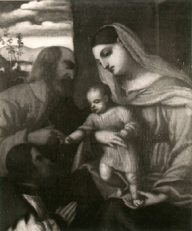 Sacra Famiglia con un donatore (dipinto) di Bonvicino Alessandro detto Moretto (cerchia) (sec. XVI)