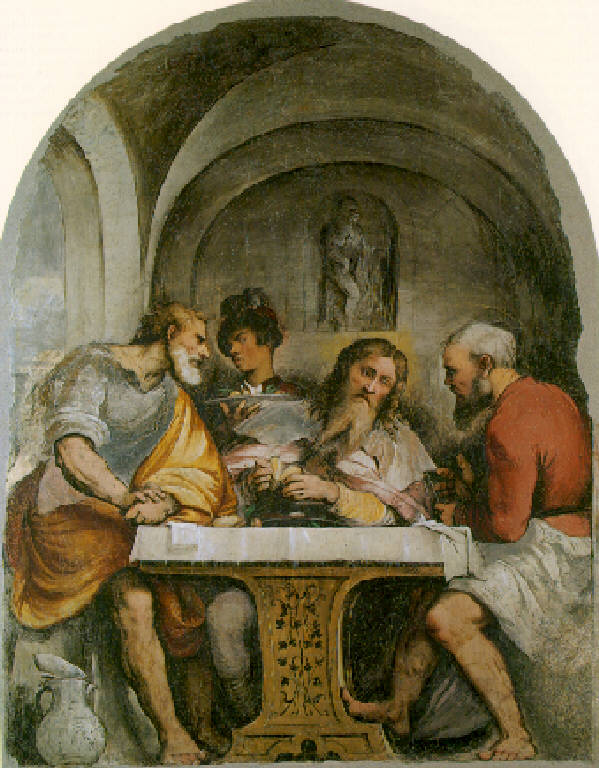 Cena in Emmaus con giovane servitore (dipinto) di Girolamo di Romano detto Romanino (secondo quarto sec. XVI)