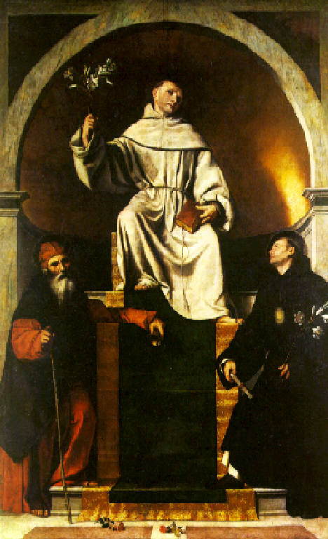 Sant'Antonio da Padova con sant'Antonio abate e San Nicola da Tolentino (dipinto) di Bonvicino Alessandro detto Moretto (secondo quarto sec. XVI)