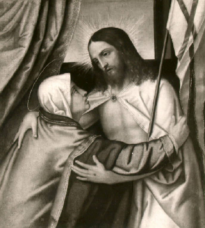 Cristo risorto incontra la Madonna (dipinto) di Richiedei Marco (secondo quarto sec. XVI)