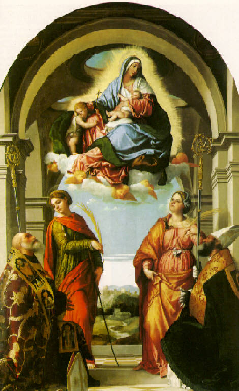 Madonna con Bambino e San Giovannino in Gloria, San Benedetto, San Paterio, Sant'Eufemia e Santa Giustina (dipinto) di Bonvicino Alessandro detto Moretto (secondo quarto sec. XVI)