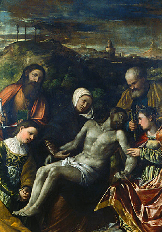 Pietà con San Paolo, San Giuseppe e le pie donne (dipinto) di Girolamo di Romano detto Romanino (secondo quarto sec. XVI)