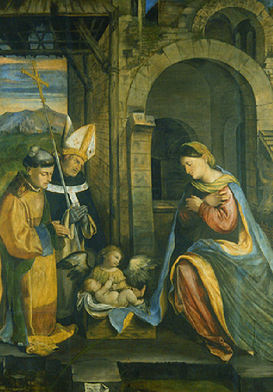 Adorazione del Bambino con la Madonna, un angelo, Santo Stefano e Sant'Antonino (dipinto) di Piazza Callisto (primo quarto sec. XVI)
