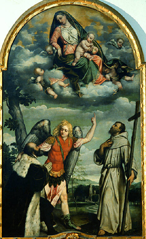 Madonna con Bambino in Gloria, San Francesco e San Michele Arcangelo che presenta un donatore (dipinto) di Bonvicino Alessandro detto Moretto (secondo quarto sec. XVI)
