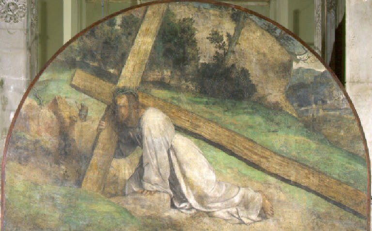 Cristo cade sotto la croce durante la salita al calvario (dipinto) di Bonvicino Alessandro detto Moretto (attr.) (primo quarto sec. XVI)