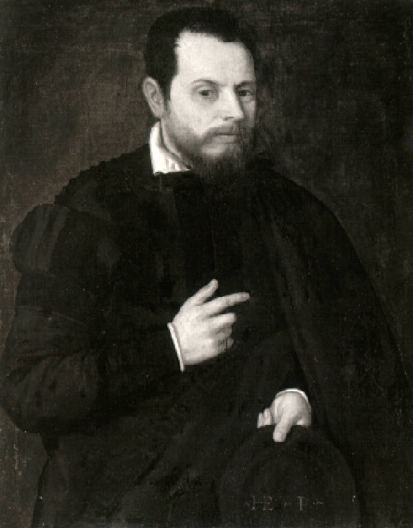 Ritratto maschile con copricapo nella mano sinistra (dipinto) - scuola lombarda (ultimo quarto sec. XVI)