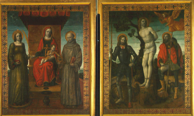 Madonna con Bambino tra Santa Caterina d'Alessandria e San Bernardino da Siena (dipinto) di Foppa Vincenzo (primo quarto sec. XVI)