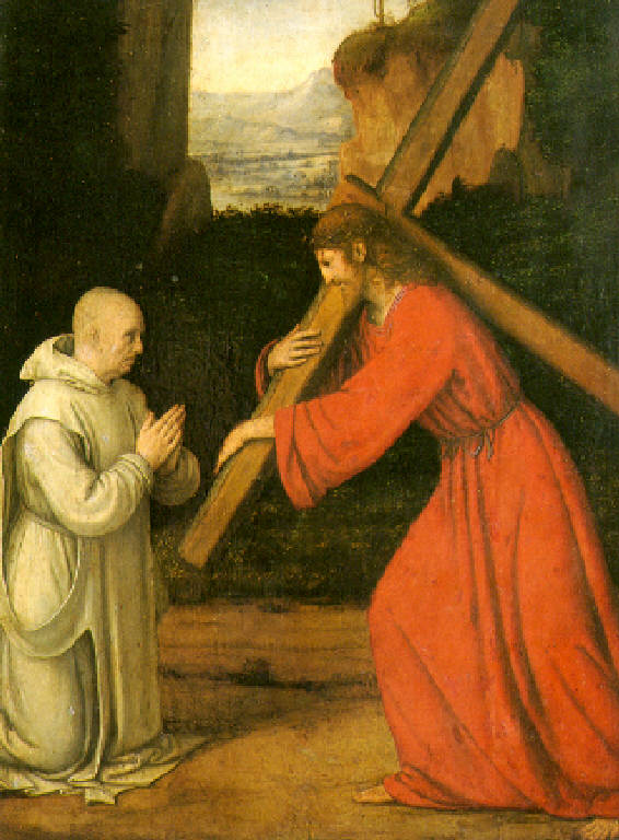 Cristo portacroce e figura maschile di certosino (dipinto) di Solario Andrea (inizio sec. XVI)