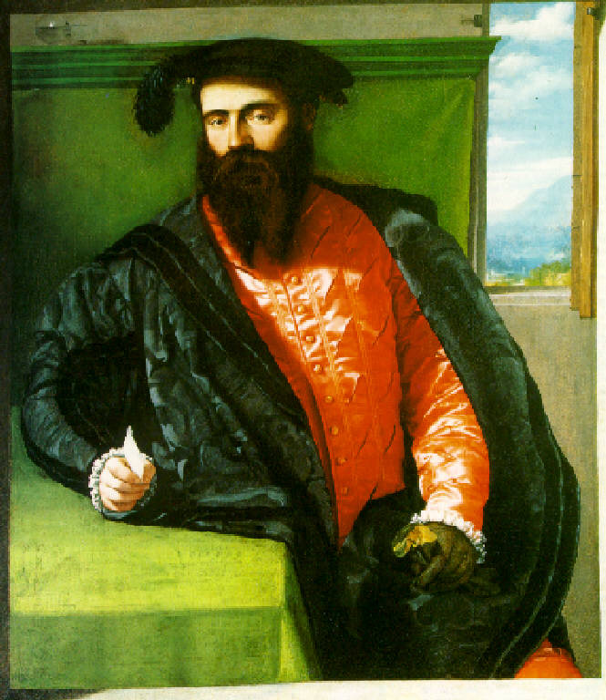 Ritratto di giovane uomo con barba e copricapo piumato (dipinto) di Bonvicino Alessandro detto Moretto (secondo quarto sec. XVI)