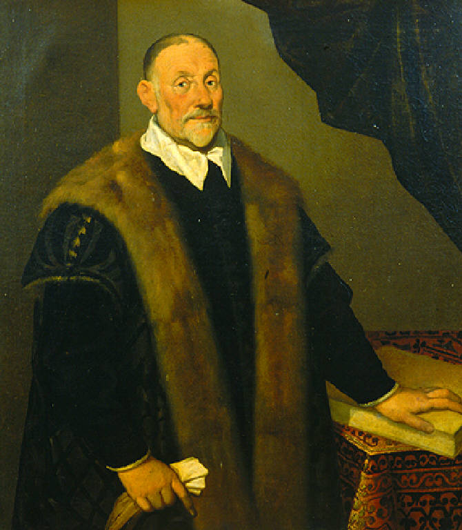 Ritratto di un gentiluomo della famiglia dei nobili Sala con pelliccia e guanti (dipinto) di Cavagna Gian Paolo (bottega) (inizio sec. XVII)