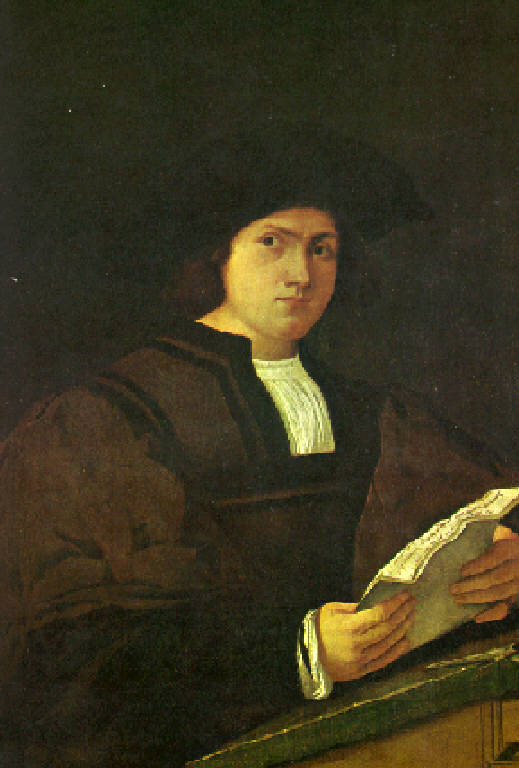 Ritratto di giovane uomo con copricapo e lettera (dipinto) - scuola veneta (primo quarto sec. XVI)
