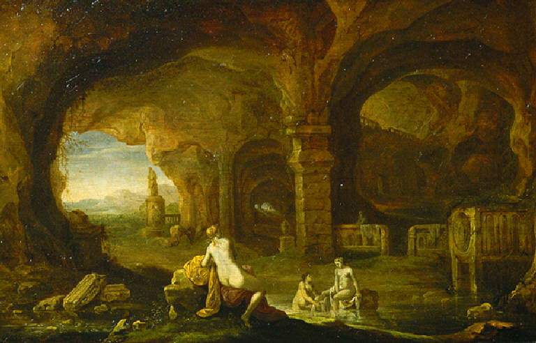Interna di una grotta con ninfe al bagno (dipinto) di Cuylenborch Abram (cerchia) (prima metà sec. XVII)