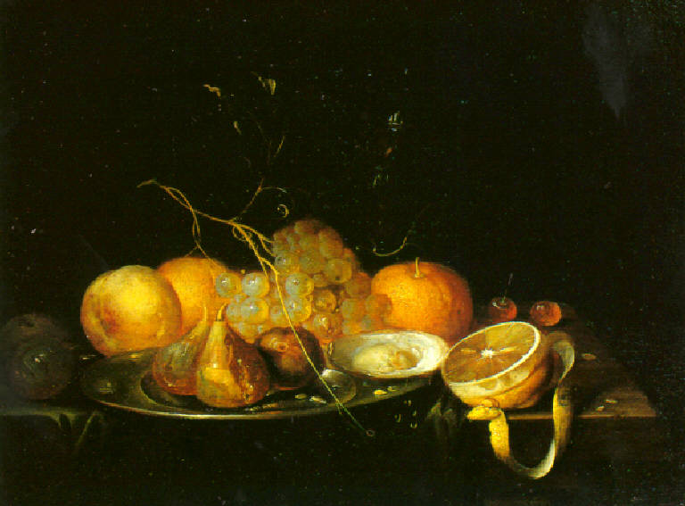 Natura morta con ostrica, limone e bicchiere su tavolo (dipinto) di Lamoen Abraham (terzo quarto sec. XVII)