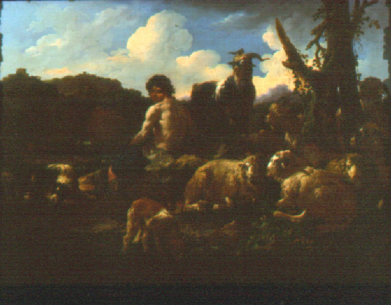 Figura di pastore con pecore e capre (dipinto) di Roos Philipp Peter detto Rosa da Tivoli (sec. XVII)