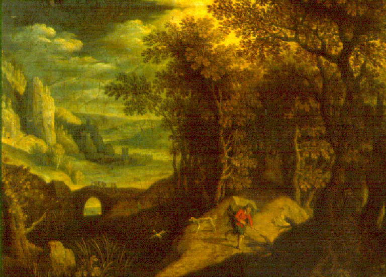 Paesaggio con alberi e figura di portatore (dipinto) di Bril Paul (bottega) (inizio sec. XVII)