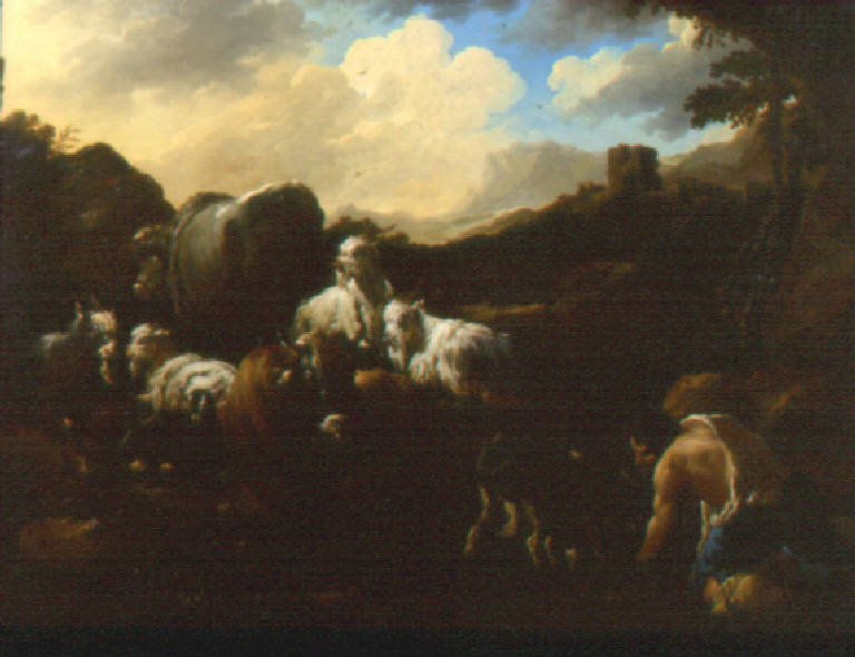 Figura di pastore che beve ad un ruscello, con cane, pecore e mucche (dipinto) di Roos Philipp Peter detto Rosa da Tivoli (sec. XVII)