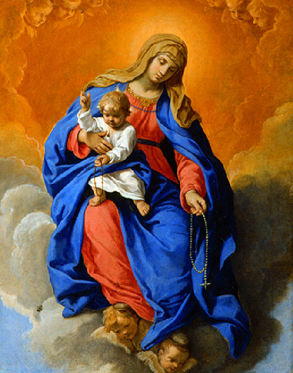 Madonna del rosario con Bambino (dipinto) di Cantarini Simone detto Pesarese (prima metà sec. XVII)