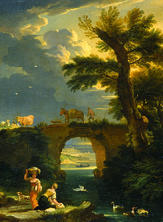 Figure di lavandaie presso un ponte (dipinto) di Mulier Pieter il Giovane detto Cavalier Tempesta (fine sec. XVII)
