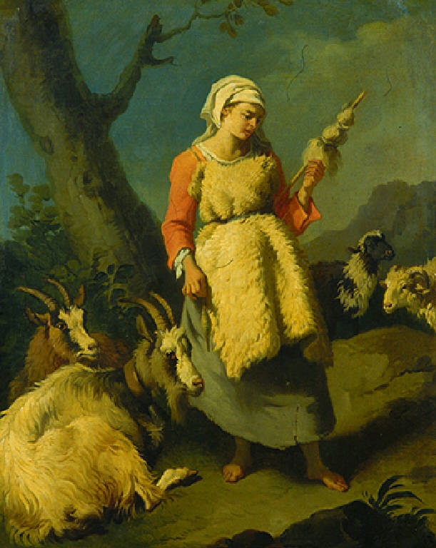 Figura di pastorella con rocca che fila (dipinto) di Londonio Francesco (sec. XVIII)