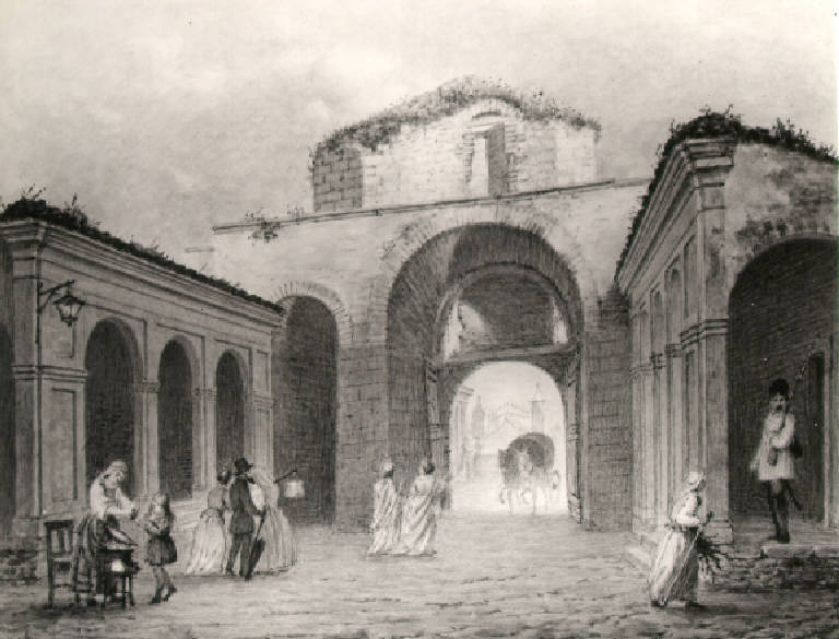 Antiche porte di san Nazzaro distrutte nel 1853 c, Veduta della porta di San nazzaro (dipinto) di Ariassi Giuseppe (seconda metà sec. XIX)