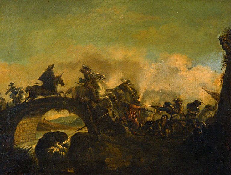 Battaglia tra fanti e cavalieri presso un ponte (dipinto) - scuola veneta (metà sec. XVIII)