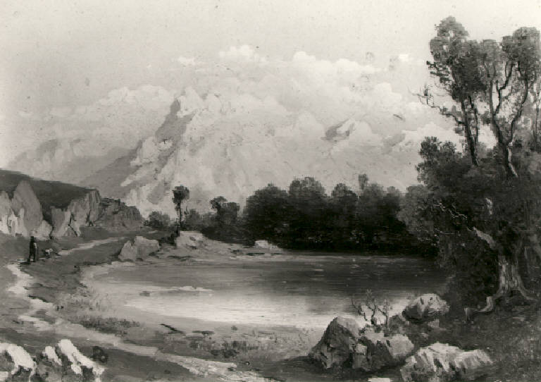 Paesaggio montano con lago (dipinto) di Ferrari Giovanni Battista (sec. XIX)
