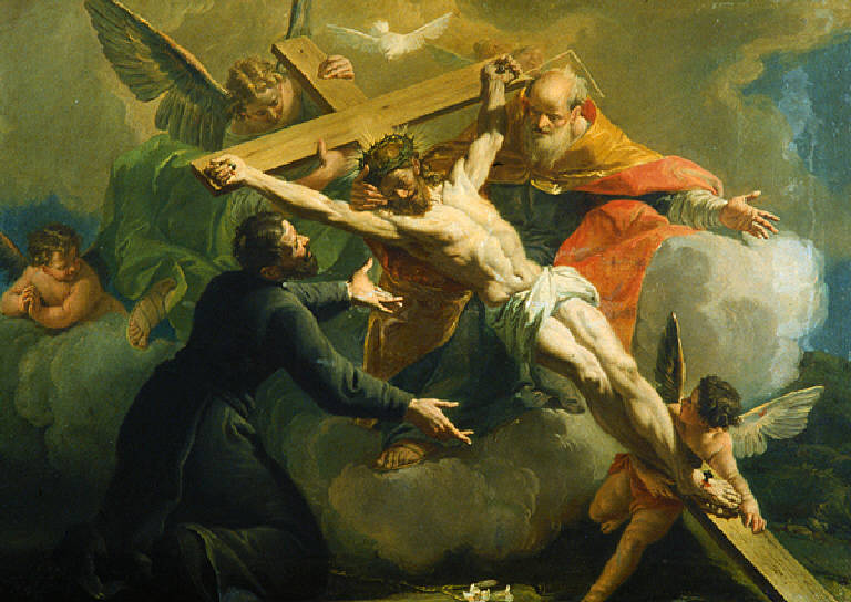 Cristo crocefisso con angeli, Dio Padre e Sant'Ignazio (dipinto) di Fontebasso Francesco (terzo quarto sec. XVIII)