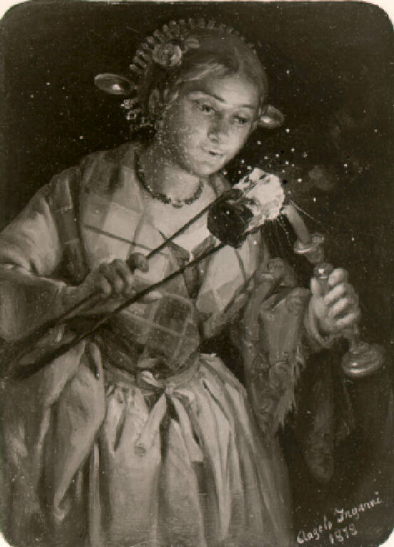 Figura femminile di contadina che accende una candela con un tizzone (dipinto) di Inganni Angelo (ultimo quarto sec. XIX)