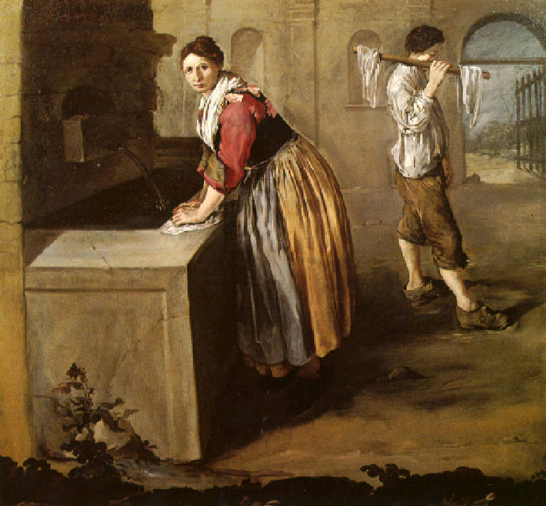 Figura di lavandaia alla fontana e figura di giovane aiutante (dipinto) di Ceruti Giacomo (prima metà sec. XVIII)
