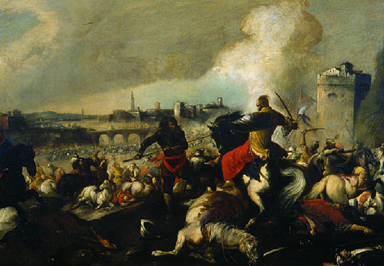 Battaglia con scontro tra soldato disarcionato e cavaliere turco (dipinto) di Calza Antonio (attr.) (sec. XVII)