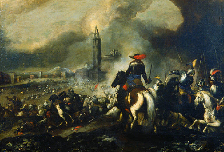 Battaglia di cavalleria presso una città (dipinto) di Calza Antonio (attr.) (sec. XVII)
