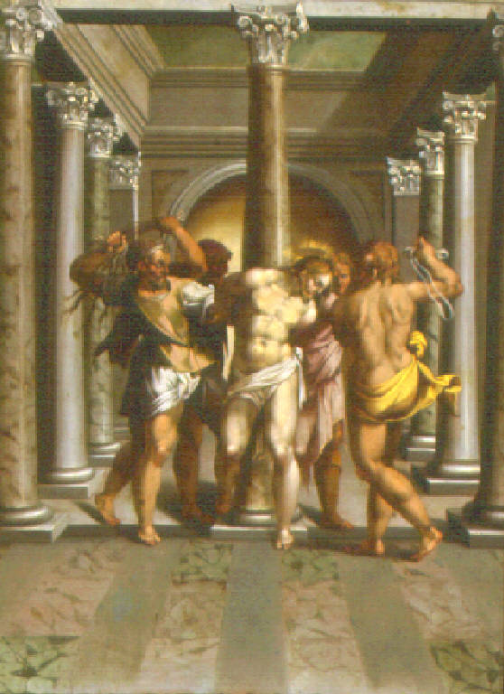 Flagellazione di Cristo (dipinto) di Heintz Josef (attr.) (fine sec. XVI)