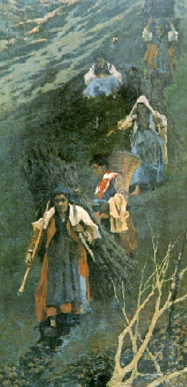 Figure femminili con fascine e gerle (dipinto) di Filippini Francesco (ultimo quarto sec. XIX)