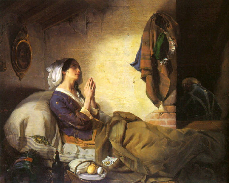 La derelitta, Figura di giovane donna caduta in miseria che riceve l'aiuto da un servitore (dipinto) di Molteni Giuseppe (prima metà sec. XIX)