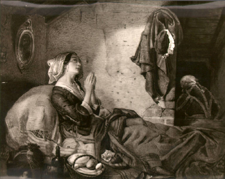 Figura di giovane donna caduta in miseria che riceve l'aiuto da un servitore (dipinto) di Vergine Pietro (sec. XIX)