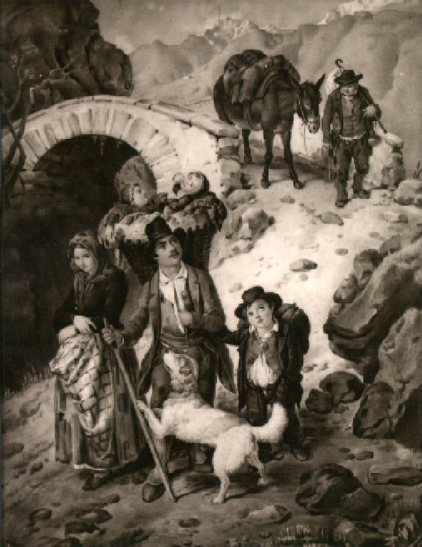 Figure di contadini con bagagli (dipinto) di Vergine Pietro (sec. XIX)