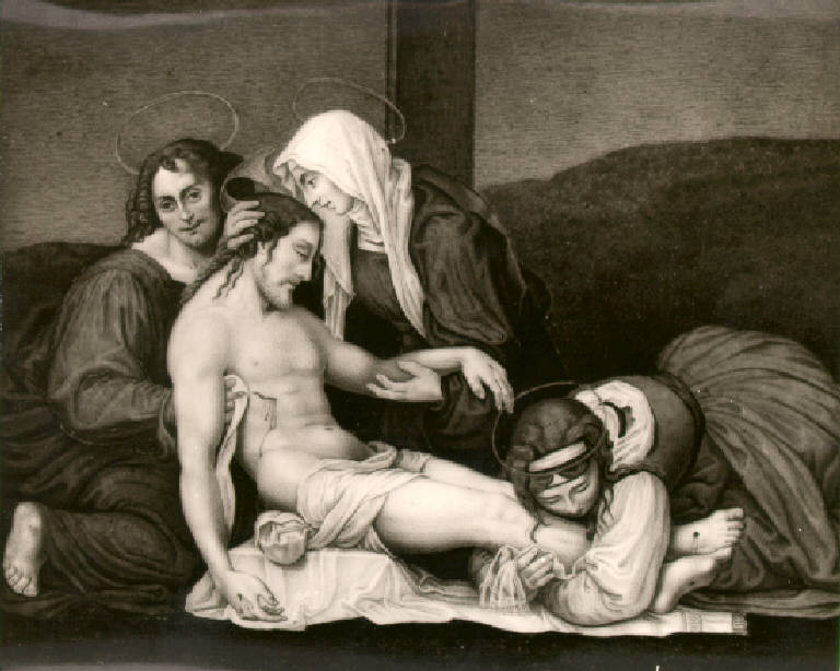 Cristo in pietà con la Madonna, San Giovanni e Santa Maria Maddalena (dipinto) di Vergine Pietro (sec. XIX)