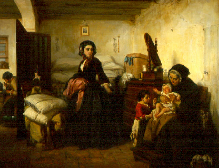 Figure femminili e figure di bambini in un interno (dipinto) di Scattola Domenico (terzo quarto sec. XIX)