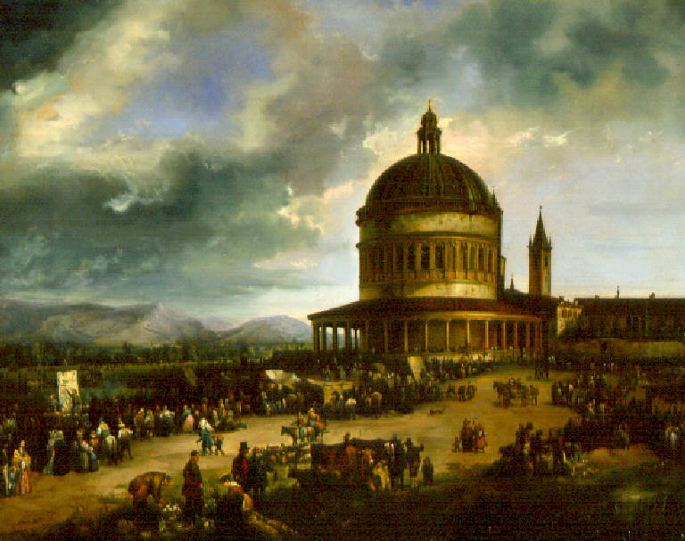 Veduta della chiesa di S. Michele con fiera religiosa (dipinto) di Ferrari Carlo (prima metà sec. XIX)