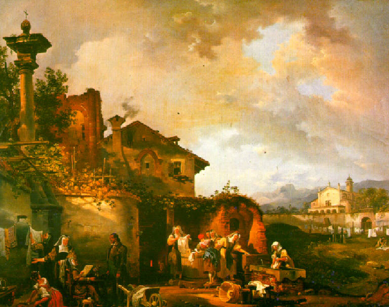 Veduta di un villaggio con fiera sorpresa da un temporale, Veduta delle mura di un monastero con fiera campestre (dipinto) di Moja Federico (prima metà sec. XIX)