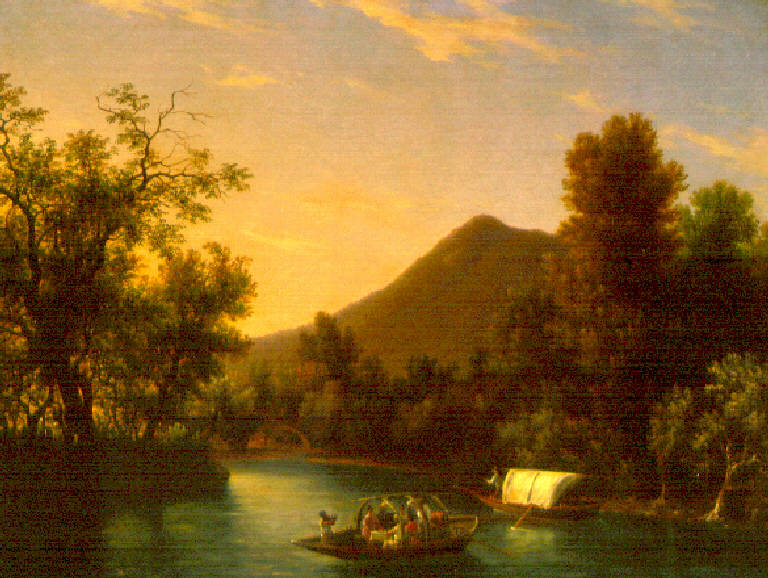 Paesaggio fluviale con barche (dipinto) di Bisi Giuseppe (sec. XIX)