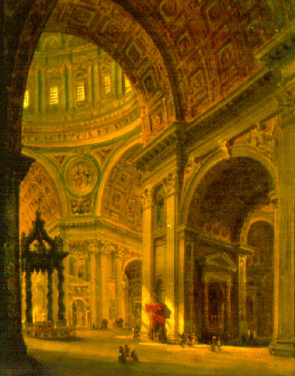 Veduta dell'interno della basilica di San Pietro (dipinto) di Migliara Giovanni (sec. XIX)